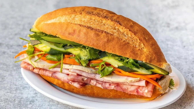 Fresh Vietnamese sandwich on a wooden cutting board